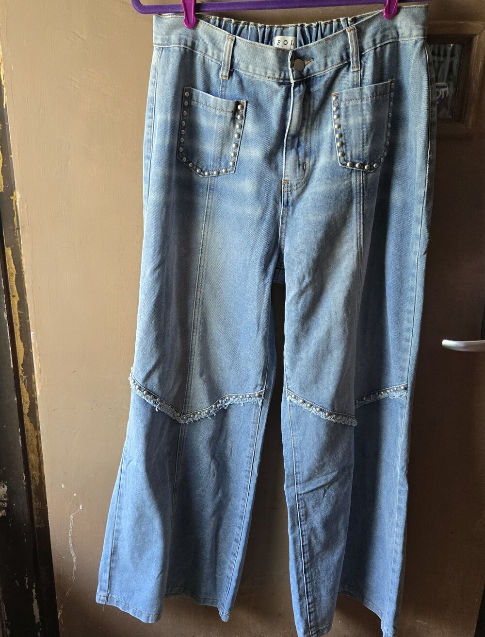 SO COMFY!! Adorable POL Light Blue Stud-Trim Wide Leg Women Jeans